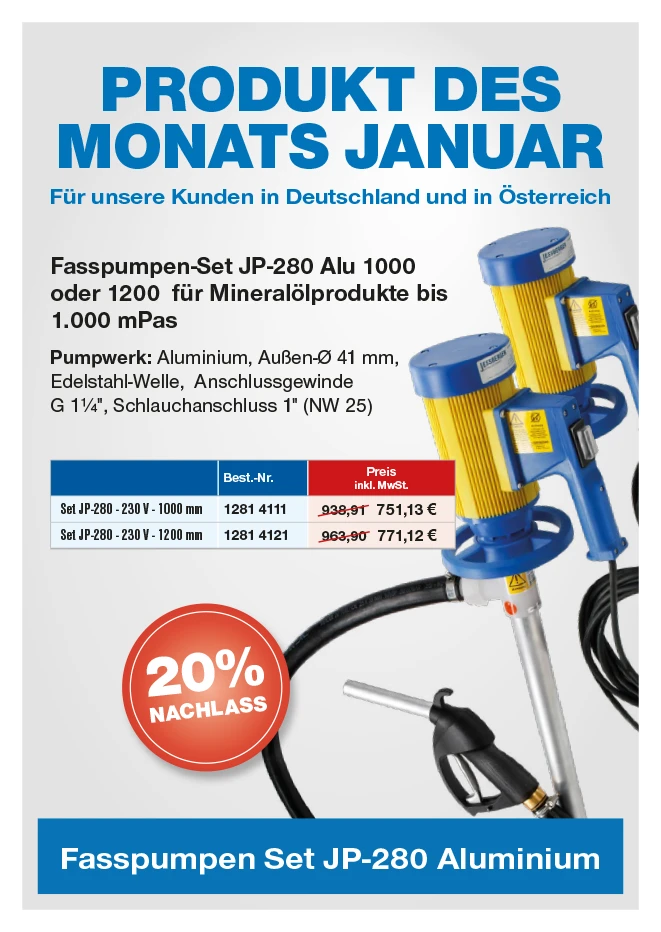 20 % Nachlass auf Fasspumpen-Set JP-280 ALU